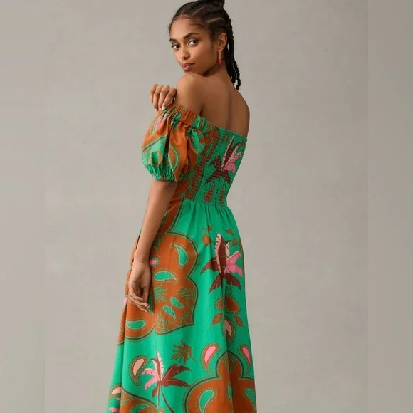 NWT Anthropologie Maeve Green and Orange Off-Shoulder Midi Dress Size 2 - Picture 2 of 8